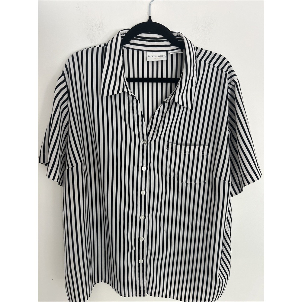 Jacqueline Smith Women's 22W Short Sleeve V-Neck Black White Striped Blouse